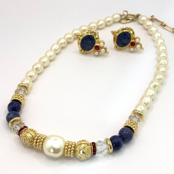 Alex Nicole For 1928 Pearl Lapis Gold Tone Red Necklace Clip On Earrings Set Vtg - Picture 3 of 10